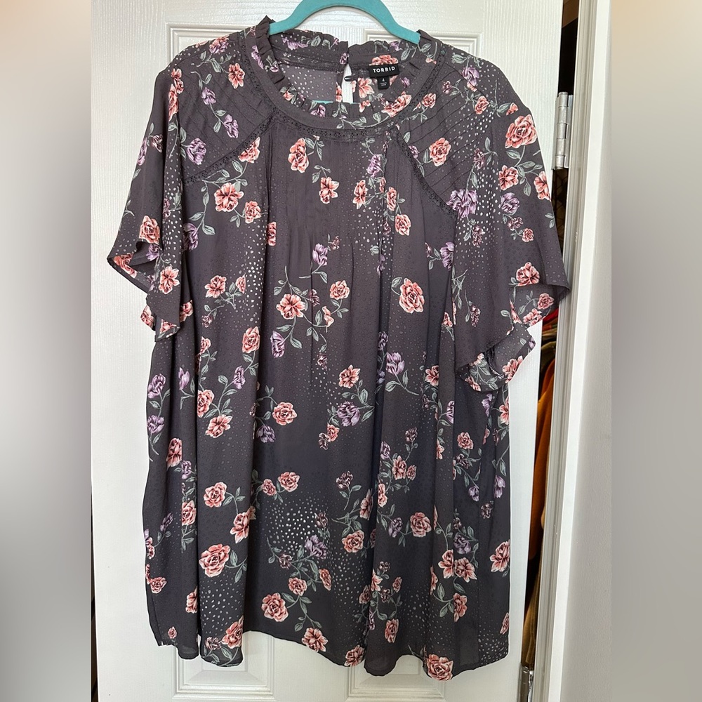 Torrid Dark Gray Floral Blouse with Pink Accents